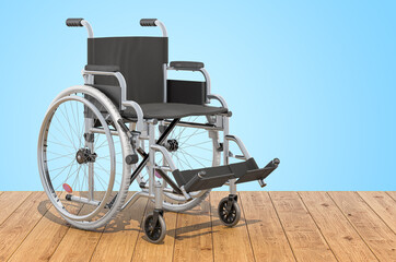 Wheelchair on the wooden planks, 3D rendering
