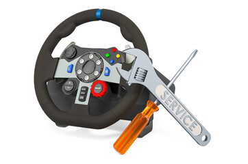 Service and repair of gaming steering wheel, 3D rendering