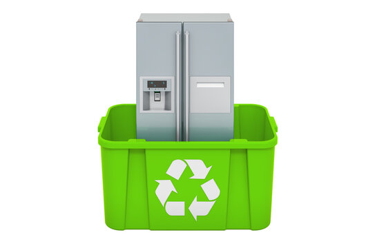 Recycling Trashcan With Refrigerator, 3D Rendering