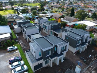 Construction of Brick Veneer town houses in Melbourne Victoria Australian Suburbia 