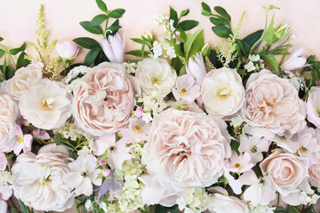 Delicate blossoming pink rose frame, blooming flowers pastel festive background, soft bouquet floral card, toned