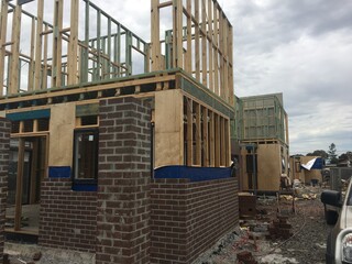 Construction of Brick Veneer town houses in Melbourne Victoria Australian Suburbia 
