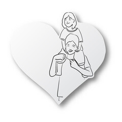 Vector black line hand drawn of father giving son ride on neck on heart shape cut paper with shadow isolated on white background