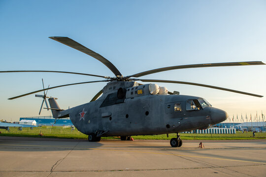 August 30, 2019. Zhukovsky, Russia. Russian heavy multi-purpose transport helicopter Mil Mi-26 at the International Aviation and Space Salon MAKS 2019.