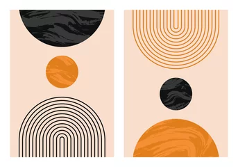 Abstrakte zeitgenössische ästhetische Hintergründe mit geometrischen Gleichgewichtsformen, Regenbogen und Sonne. Boho-Wanddekoration. Moderner minimalistischer Kunstdruck der Mitte des Jahrhunderts. Organische Form. © Mystery Kit