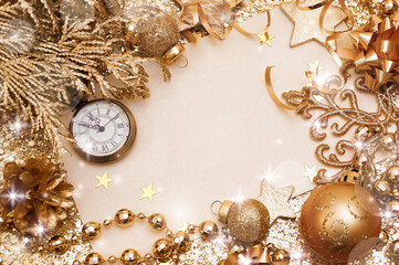 New Year's clock. Decorated with gold tinsel and Christmas decorations. Congratulatory background - 395847697