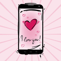 Vector illustration of a mobile phone and a heart.