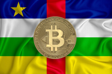 Central African Republic flag, bitcoin gold coin on flag background. The concept of blockchain, bitcoin, currency decentralization in the country. 3d-rendering - obrazy, fototapety, plakaty