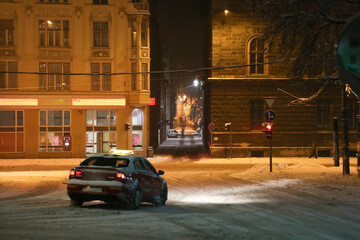 Winter night city street scene