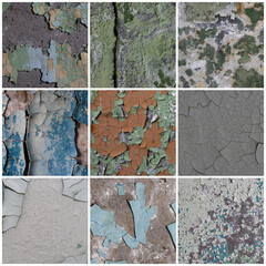 Set of peeling paint textures. Old concrete walls with cracked flaking paint. Weathered rough...