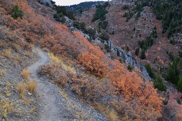 Slide Canyon hiking trail fall leaves mountain landscape view, around Y Trail, Provo Peak, Slate...