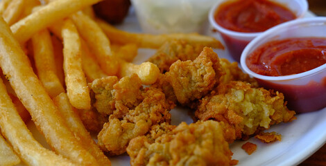 Fried Oysters and Fries with Cocktail Sauce