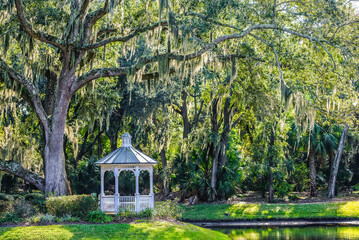 White Gazebo Under Spanish Moss in a Southern Park