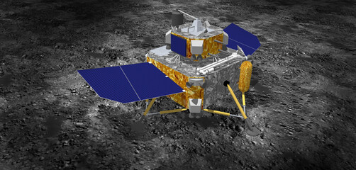Wenchang, Hainan province, China - November 28 2020: Illustration of Lander shortly after landing of China's Moon sample return mission Chang'e-5 on Mons Rümker region on moon. © Axel