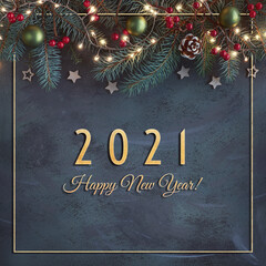 Happy New Year 2021 text. Dark background with fir twigs, red berries, cones and garland of Xmas...