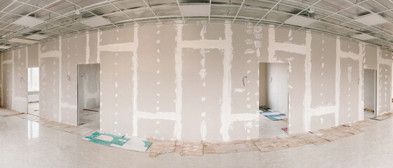 Drywall wall home interior decoration at construction site panorama