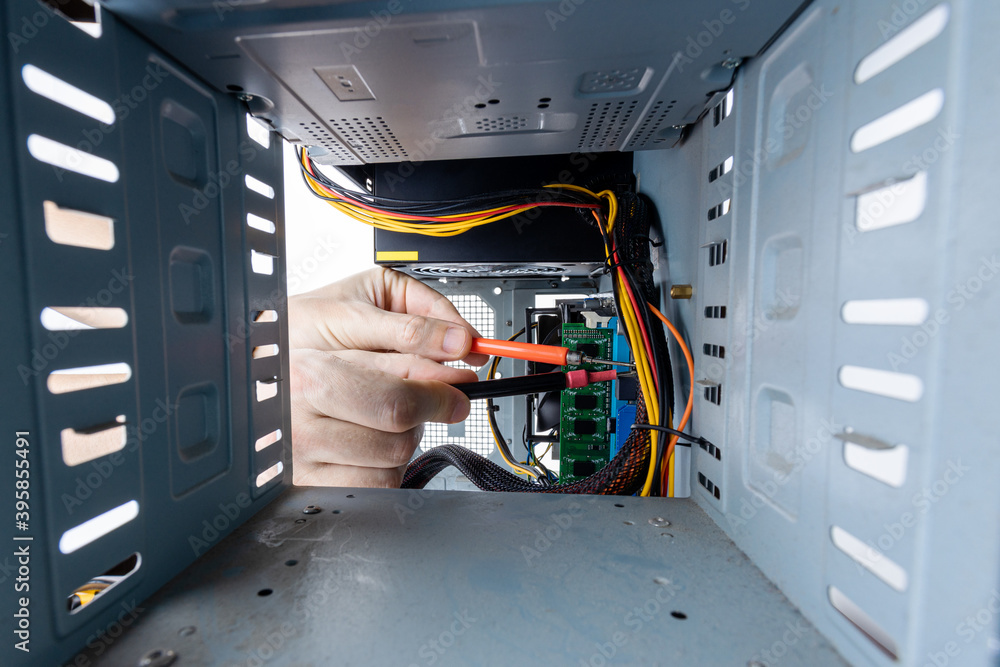 Poster technician worker check desktop pc hardware equipment. man using tools for repair computer. repair s