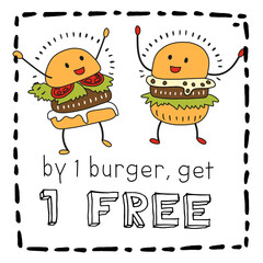 Hand-drawn burgers. With the word "2 for the price of one"
