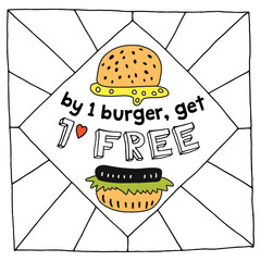 Hand-drawn burgers. With the word "2 for the price of one"