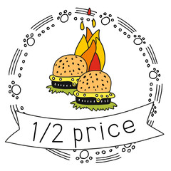 Hand-drawn burgers. With the word "2 for the price of one"