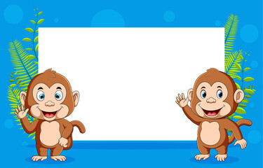 Two monkey standing in front of the blank white board for the template inspiration