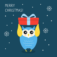 Greeting Christmas card, owl and with gift box. New year bird. Hand drawn cartoon character. Merry Christmas and happy New Year. Vector