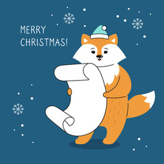 Greeting Christmas card, fox with wish list. Hand drawn funny cartoon New year red fox christmas character. Happy New year, merry Christmas. Animal vector