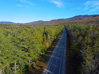 White Mountain National Forest fall foliage on Kancamagus Highway aerial view near Sugar Hill Scenic Vista, Town of Lincoln, New Hampshire NH, USA.