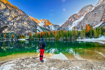 The beautiful Braies lake in late autumn with a little snow, Pearl of the Dolomite lakes is an UNESCO heritage and is located in the Braies Alto Adige,Italy