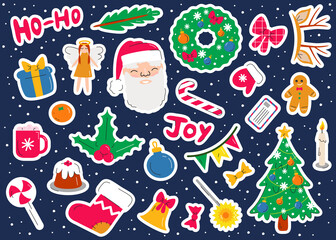 Fototapeta premium Vector Christmas stickers set in flat linear style on dark blue background. Cute stylish collection with winter holiday symbols. New Year colorful doodle elements, santa, tree, sock, cake, gingerman