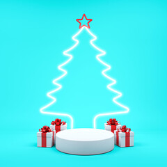 White gift box red ribbon among candy white christmas tree in blue background. Minimal Christmas concept idea 3d render.