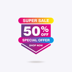 Simple Super Sale 50% off Banner with Colorful Pink Gradient Color Design, Discount Offer Banner Template Vector for Advertising, Social Media, Web Banner