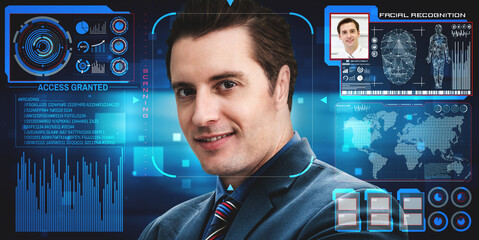 Facial recognition technology scan and detect people face for identification . Future concept interface showing digital biometric security system that analyze human face to verify personal data .