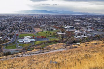 Utah State Hospital, Provo Landscape views from the Bonneville Shoreline Trail (BST), which follows the eastern shoreline of ancient Lake Bonneville Great Salt Lake, Wasatch Front Rocky Mountains Utah