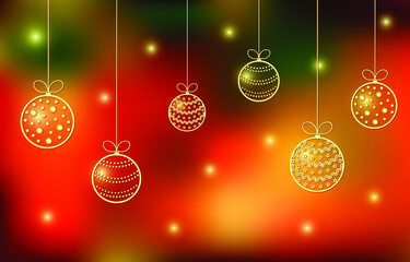 Red green Christmas and New Year blurred background with balls fir tree decorations. Winter holiday festive design