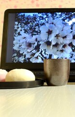 オンライン  花見  イメージ  紅白大福　パソコン