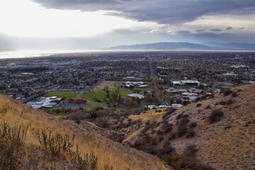 Utah State Hospital, Provo Landscape views from the Bonneville Shoreline Trail (BST), which follows the eastern shoreline of ancient Lake Bonneville Great Salt Lake, Wasatch Front Rocky Mountains Utah