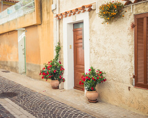 Fototapeta na wymiar Large pots of pretty red flowers welcome visitors to home on old narrow street in France