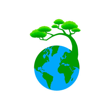vector image of the earth and trees growing over it. shades of green and blue. suitable for environmental and natural themes. save our planet