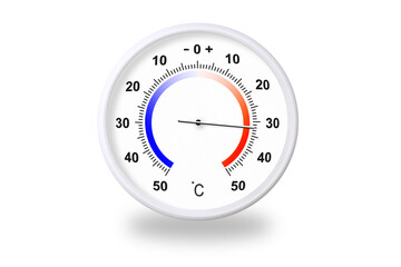 Outdoor thermometer on white background. Ambient temperature plus 32 degrees celsius