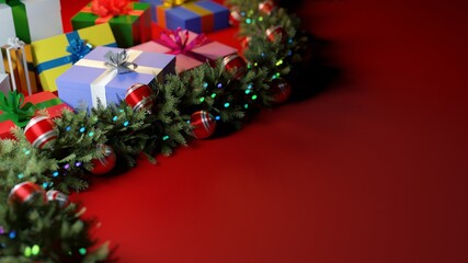Christmas seasonal backdrop. Gift boxes and christmas garland with baubles on red background. Digital 3D render.