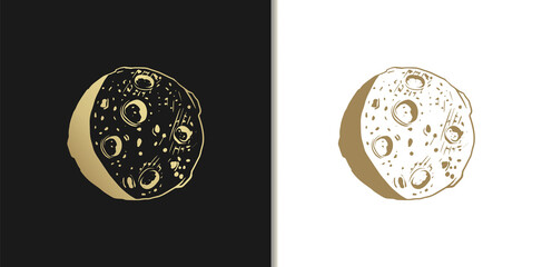 Moon vector engraved luxury style illustration in gold color. Hand drawn sketch of moon planet.