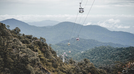 Aerial tramway moving up in tropical jungle mountains