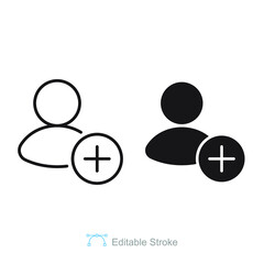 Add friend line and glyph icon. Profile user. Follows person symbol. User Add Contact. Simple pictogram outline and flat style. Editable stroke. Vector illustration. Design on white background. EPS 10