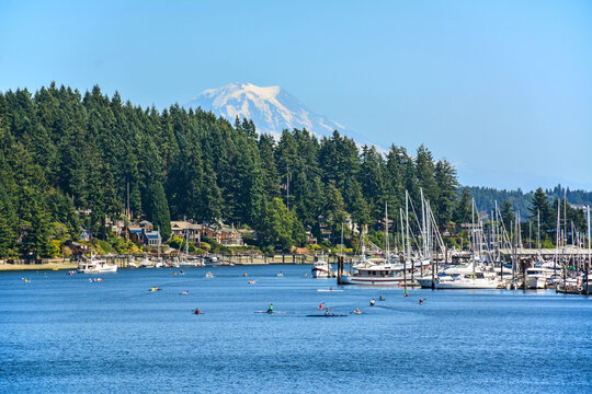 Kayakers enjoying a sunny summer day at Gig Harbor in Washington State near Seattle and Tacoma