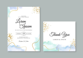 Wedding card invitation template with gold line and hand painted watercolor spalsh