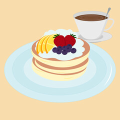 Illustrator vector of soft and fluffy pancake top with wiping cream and fruit serve with coffee