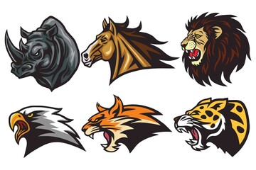 Wild Animals Heads Logo Mascot Set. Rhino, Horse, Lion, Lynx, Eagle, Leopard - Esport Sports Mascot Logo Illustration Design Vector Pack