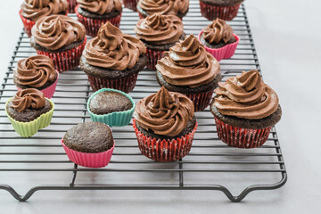 Chocolate cupcakes with chocolate frosting close up on cooling rack on light grey background