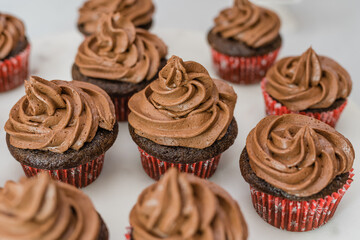 Chocolate cupcakes with chocolate buttercream frosting close up